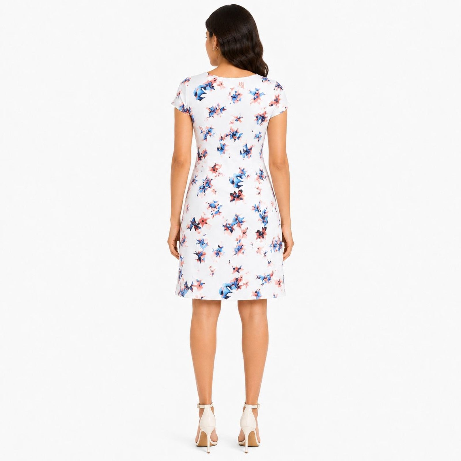 Women's White Floral Print Round Neck Short Sleeve A-Line Dress-4