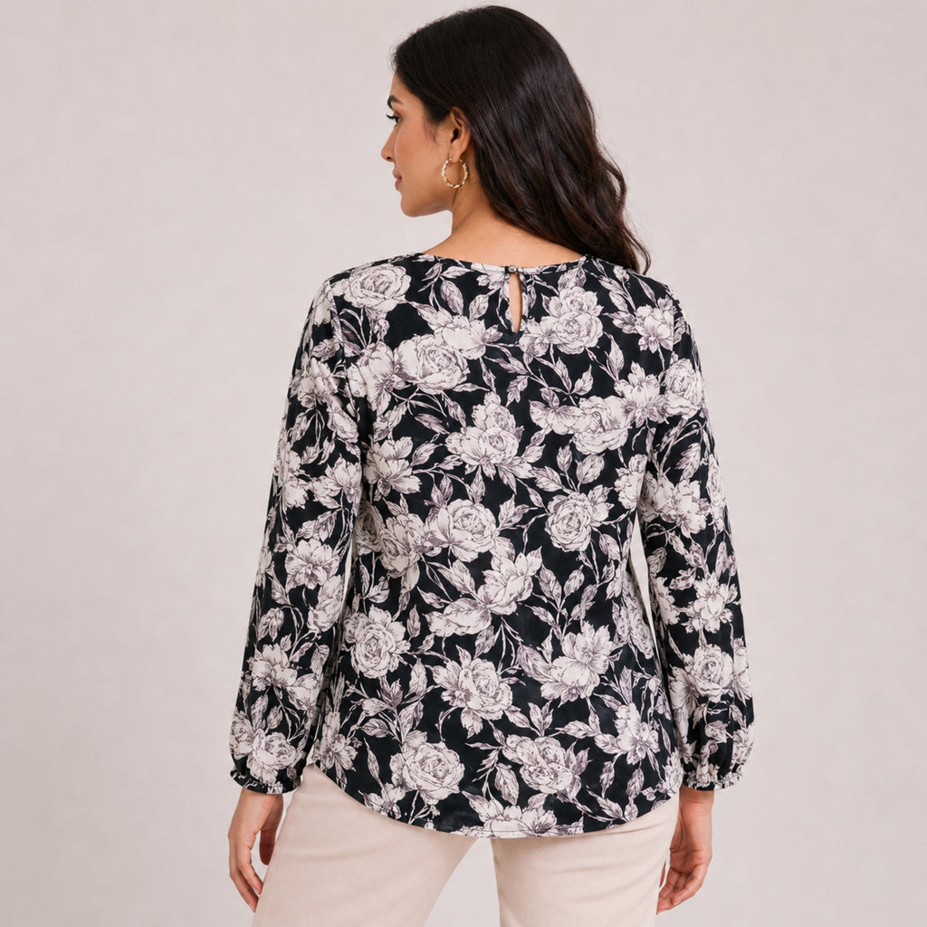 Women's Charming Monochrome Floral Print Keyhole Tunic Top-4
