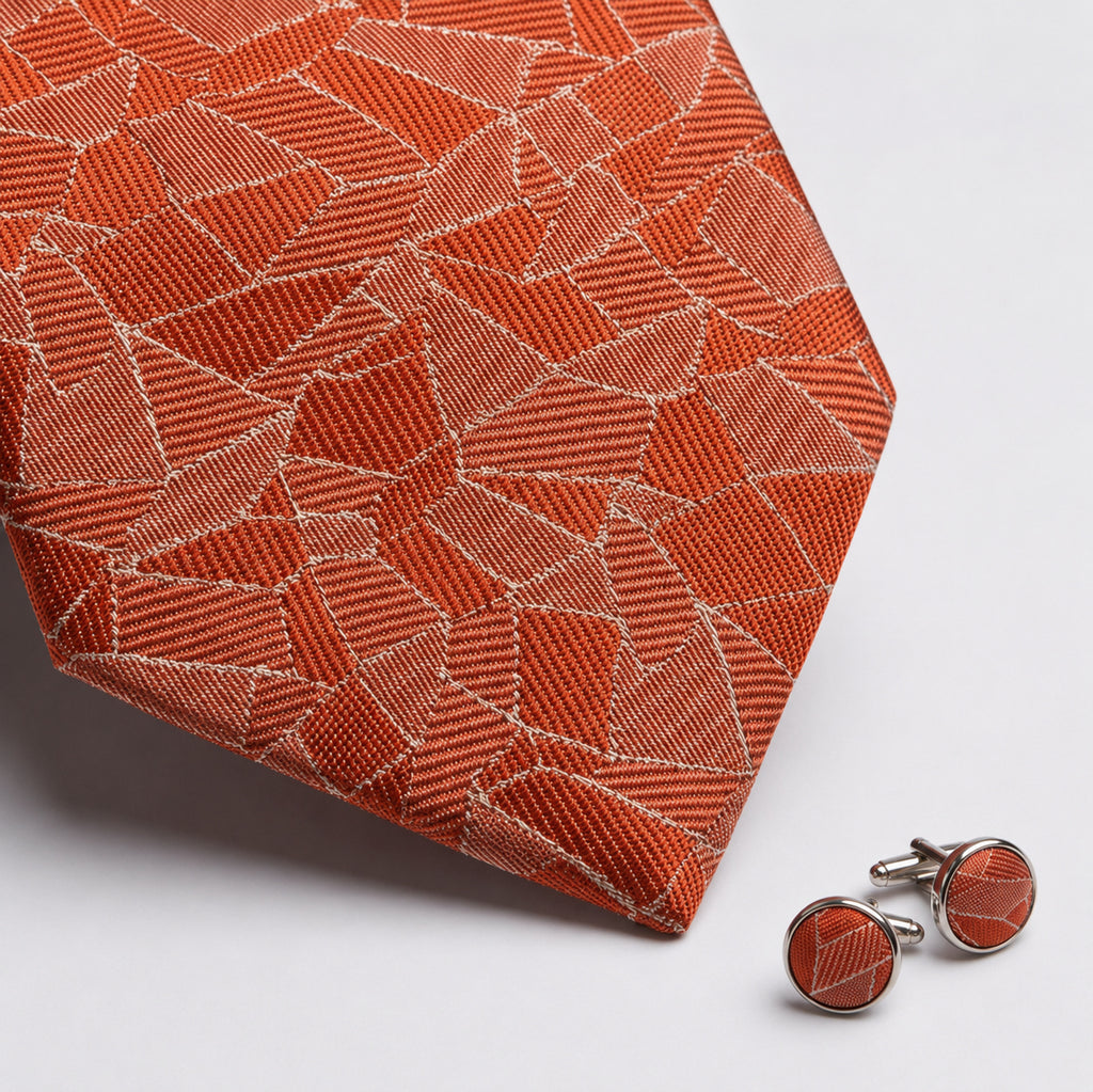 Men's Luxury Mosaic-Patterned Orange Silk Formal Necktie-2