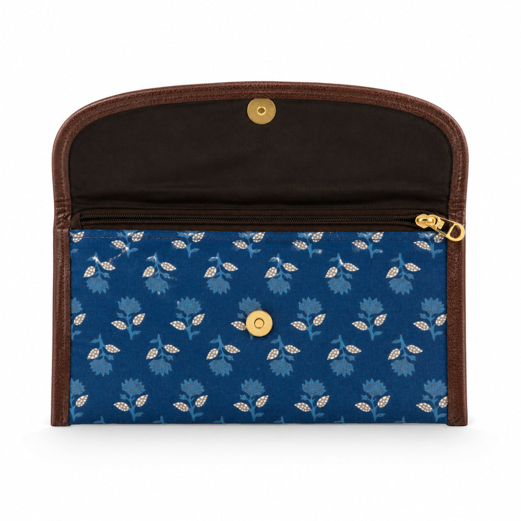 Women's Luxury Floral-Print Blue Canvas Clutch Wallet with Leather Trim-2