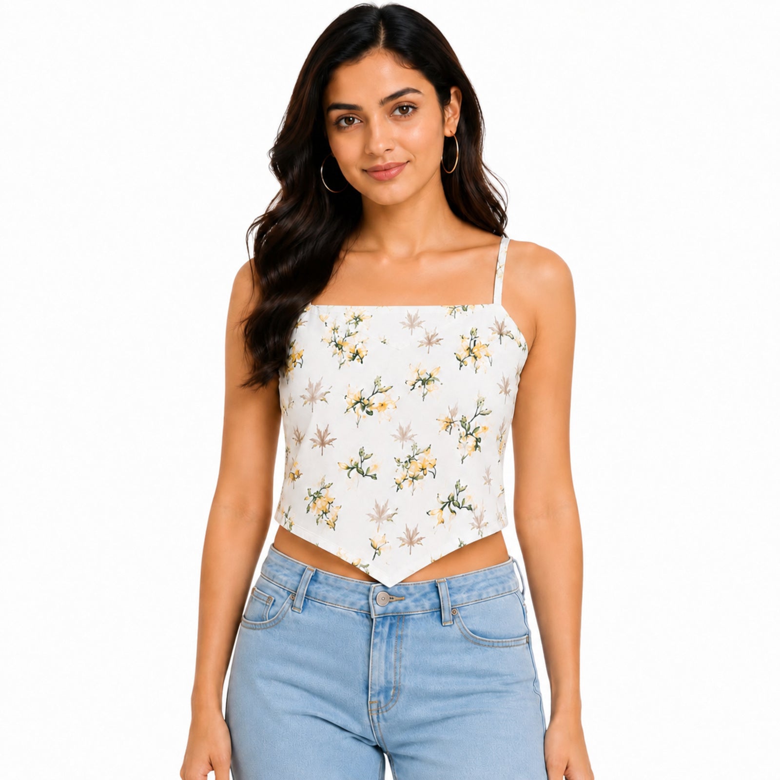 Women's Cream Floral Printed Sleeveless Spaghetti Strap Handkerchief Hem Crop Top for Casual Wear-1