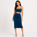 Women's Navy Blue Ruched Crop Top and Midi Skirt Co-Ord Set-1