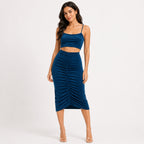 Women's Navy Blue Ruched Crop Top and Midi Skirt Co-Ord Set-1