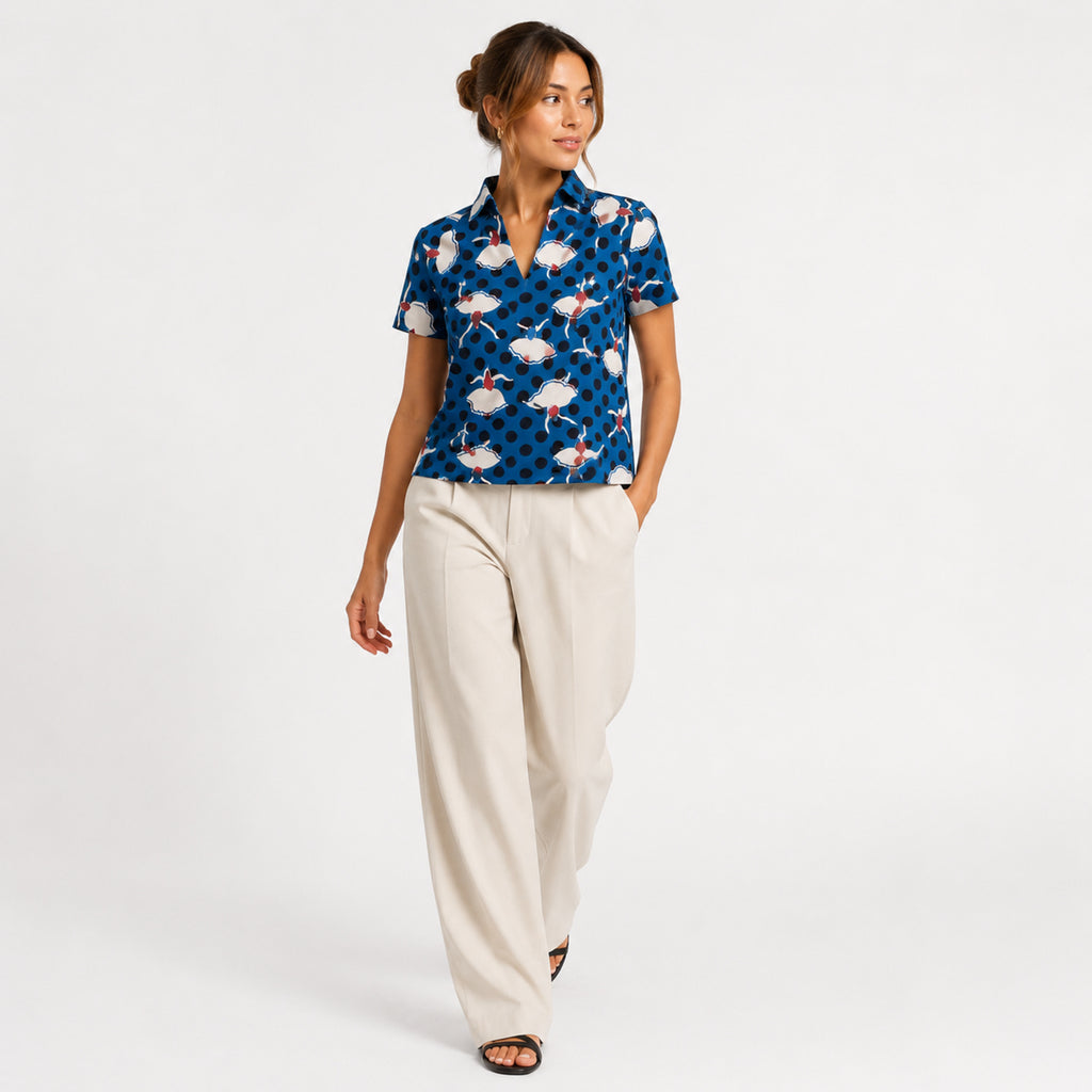 Women's Navy Blue Printed Mandarin Collar Top-4