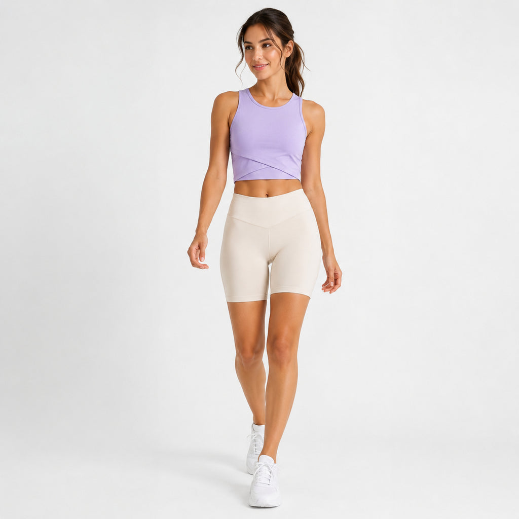 Women's Lavender Sleeveless Wrap Hem Crop Top | Solid Round Neck Activewear Tank-1