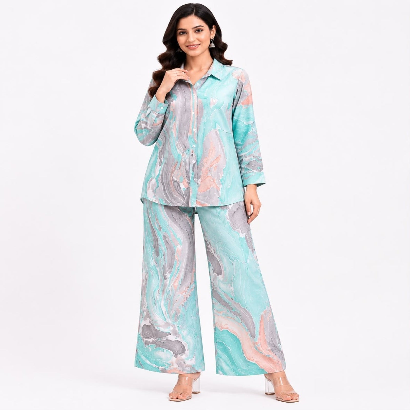 Women's Marble Print Co-Ord Set | Stylish Shirt & Wide Leg Pant Co-Ord Set for Women – Green-1