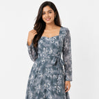 Women's Light Blue Floral Belted Maxi Dress with Sheer Sleeves-2