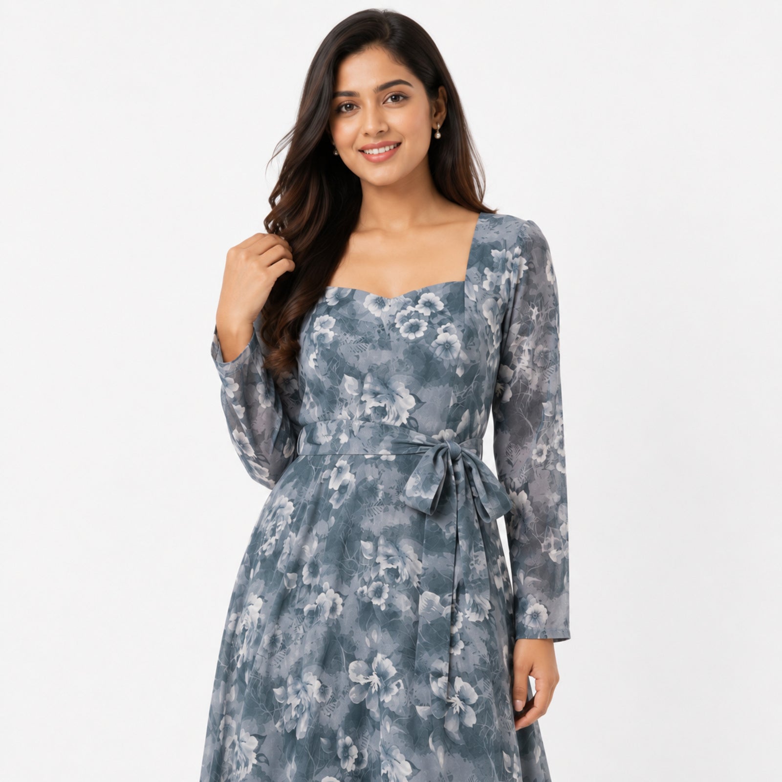 Women's Light Blue Floral Belted Maxi Dress with Sheer Sleeves-2