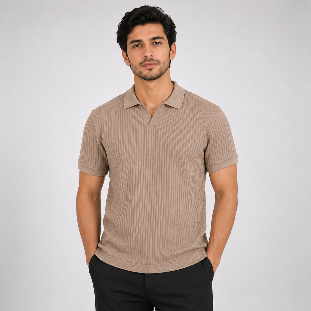 Men's Sandstone Ribbed Knit Polo T-Shirt-1