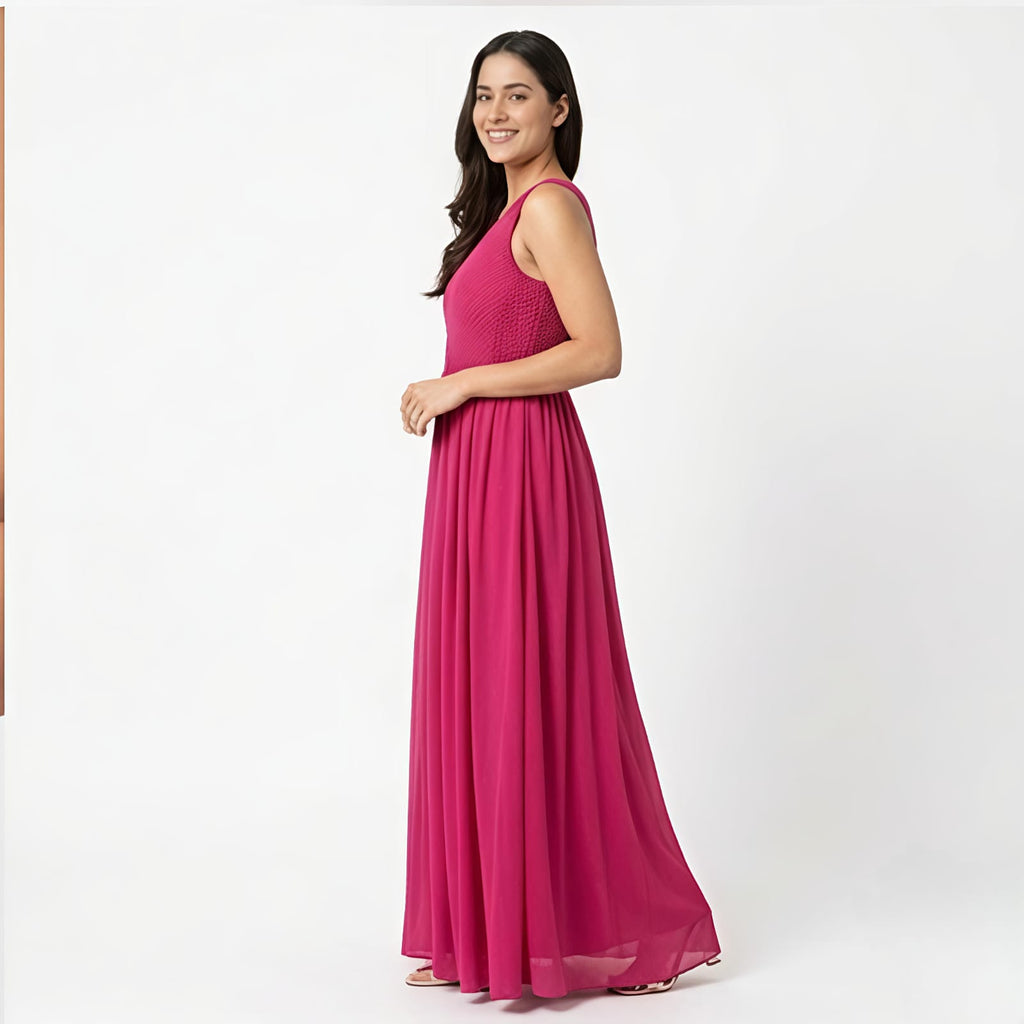 Women's Rose Pink Sleeveless Flared Maxi Dress-3