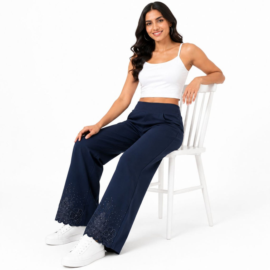 Women's Navy Blue Embroidered Wide Leg Palazzo Pants | High-Rise Casual Bottom Wear-3