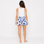 Women's Blue Tropical Palm Tree Print Drawstring Shorts | Casual Summer Beach Shorts-4