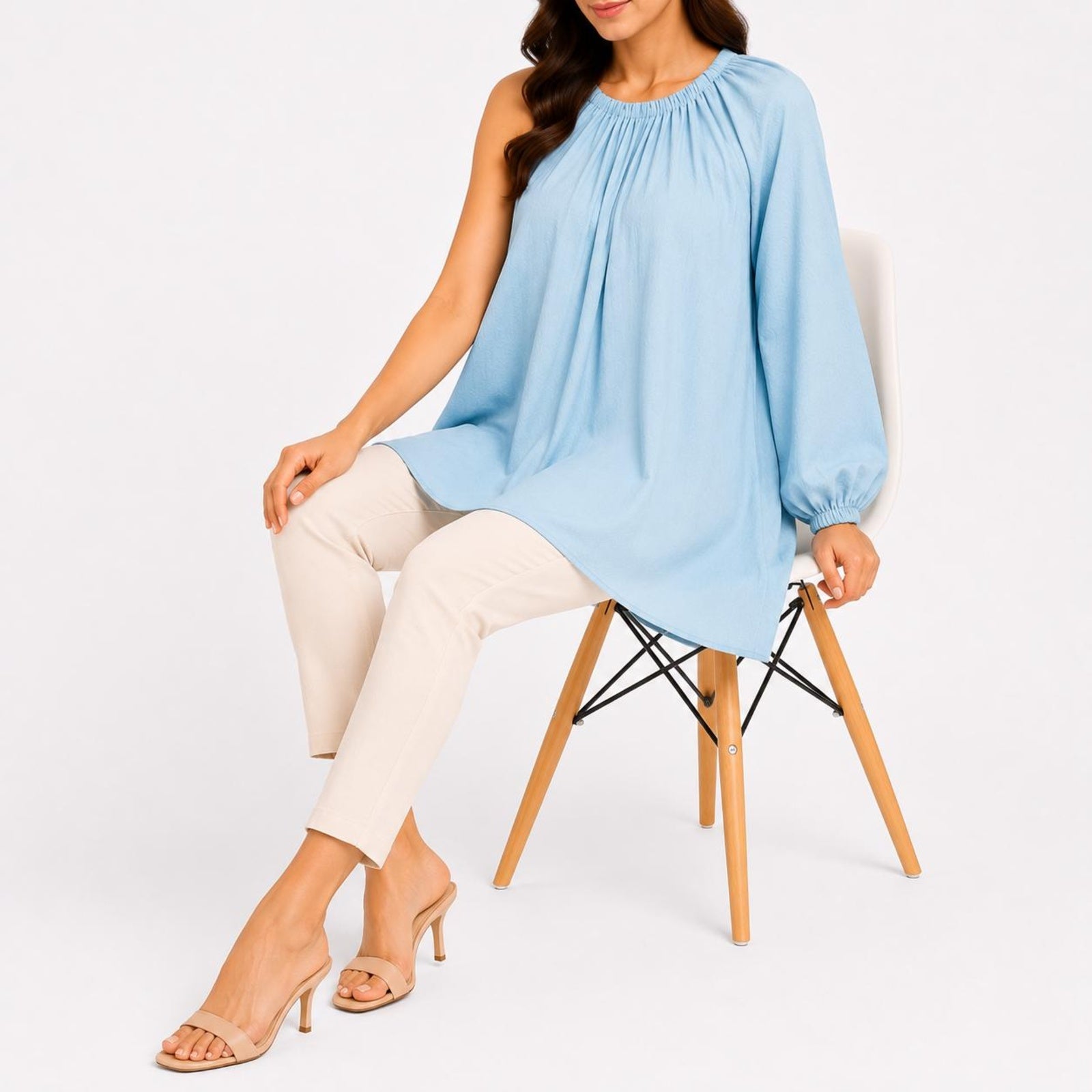 Women's Smoke Blue One Sleeve Gathered Tunic Top-3