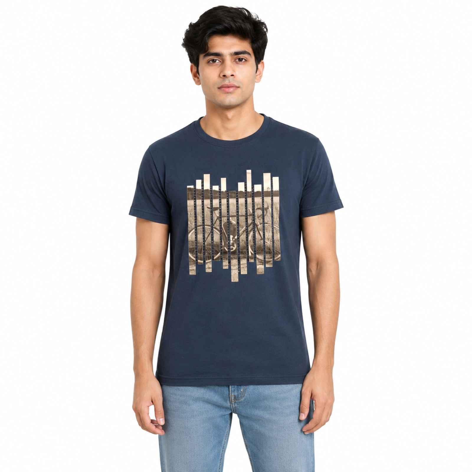 Men's Navy Blue Abstract Stripe Graphic Crew Neck T-Shirt | Casual Half Sleeve Printed Tee-1