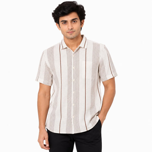 Men's Beige Vertical Striped Half Sleeve Casual Shirt-1