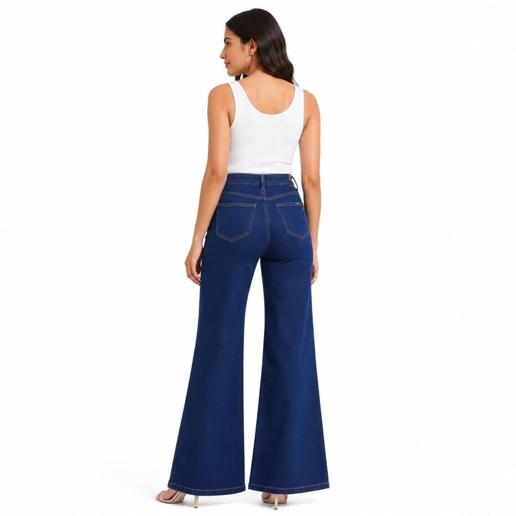 Women's High Rise Wide Leg Flared Jeans | Stylish Dark Blue Stretch Denim Palazzo Jeans for Women-4