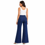 Women's High Rise Wide Leg Flared Jeans | Stylish Dark Blue Stretch Denim Palazzo Jeans for Women-4