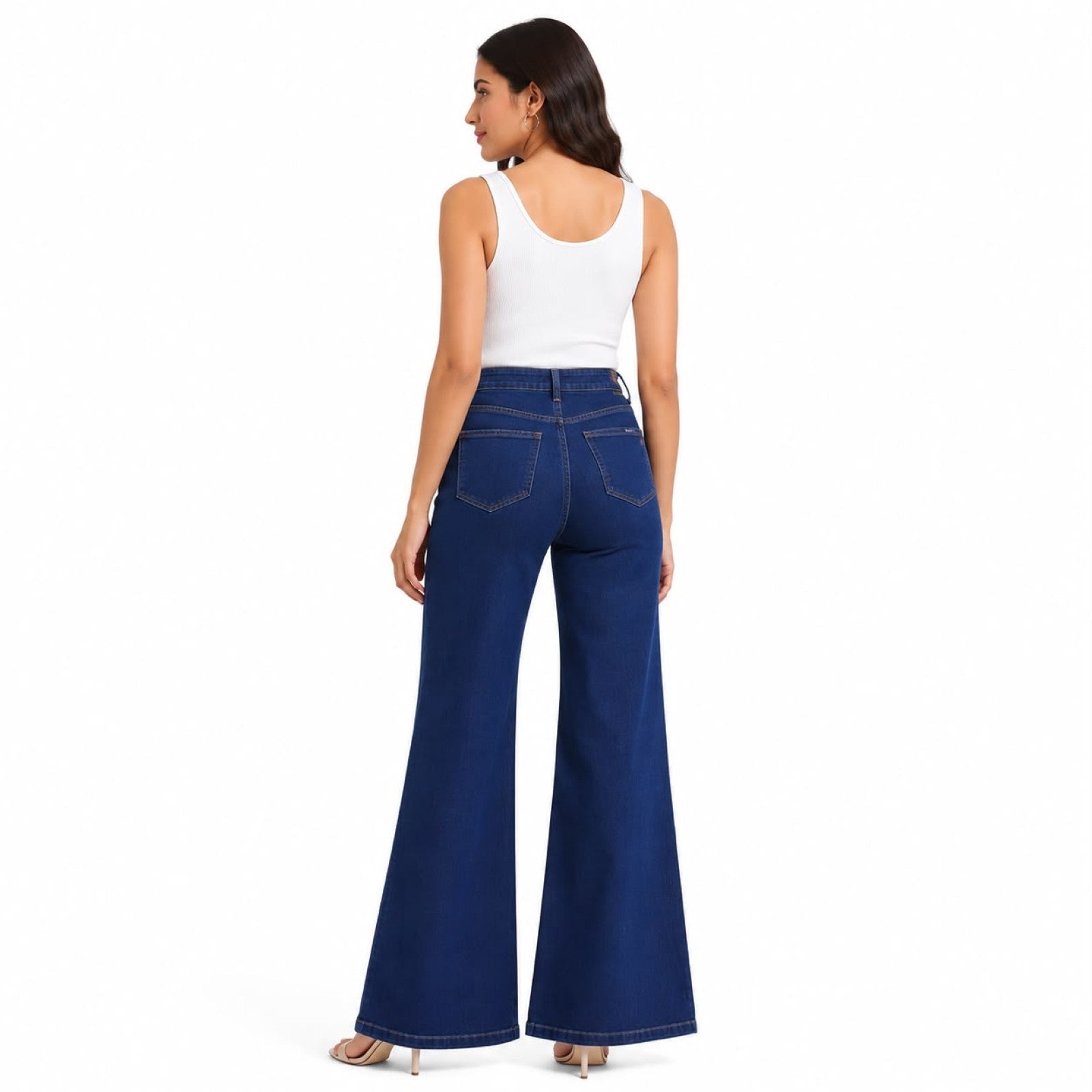 Women's High Rise Wide Leg Flared Jeans | Stylish Dark Blue Stretch Denim Palazzo Jeans for Women-4