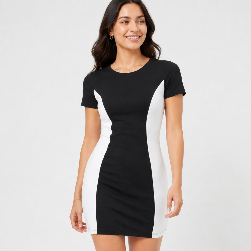 Women's Black & Sky Blue Color Block Bodycon Mini Dress with Round Neck and Short Sleeves-2