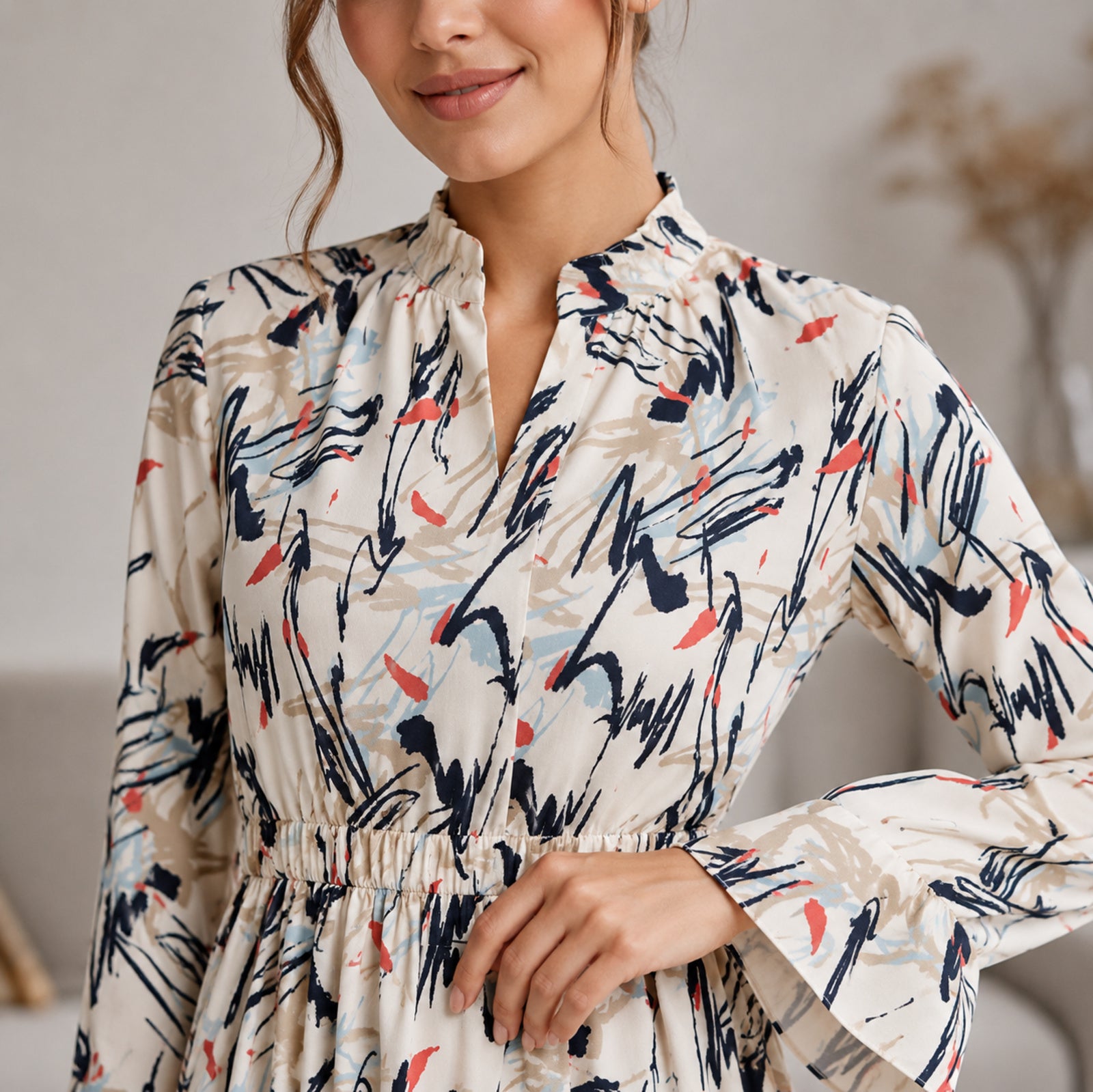 Women's Cream Abstract Printed Fit & Flare Mini Dress-2