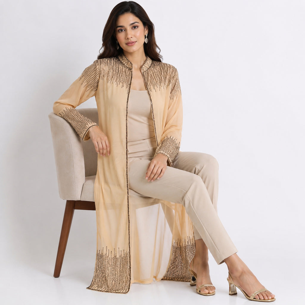 Women's Beige Embellished Sheer Longline Open Front Shrug | Elegant Festive Layering Jacket-3