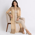 Women's Beige Embellished Sheer Longline Open Front Shrug | Elegant Festive Layering Jacket-3