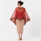 Women's Elegant Hand-Embroidered Red Sheer Cape Overlay Dress-4