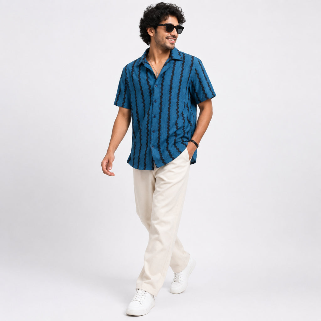 Men's Teal Textured Resort Collar Printed Shirt-4