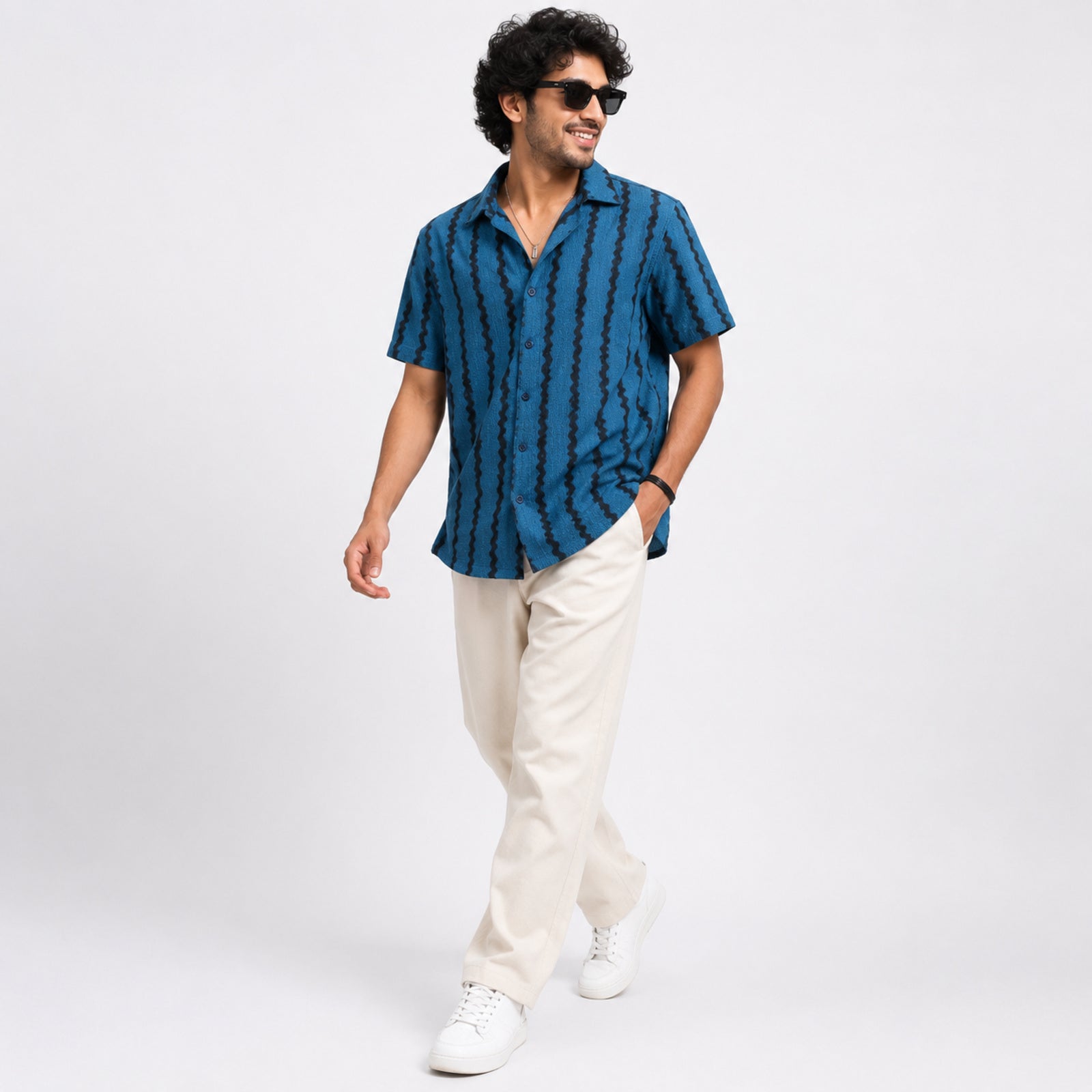 Men's Teal Textured Resort Collar Printed Shirt-4