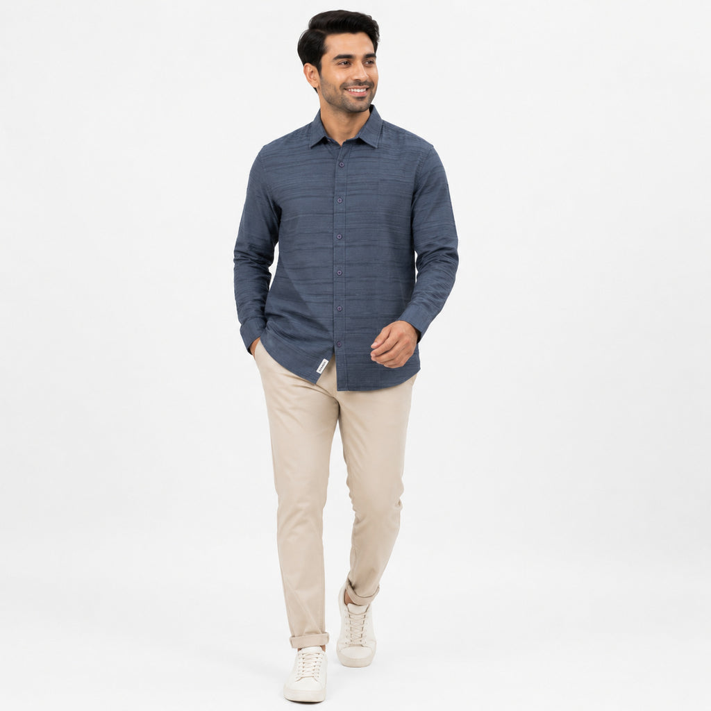 Men's Midnight Blue Textured Casual T-Shirt-2