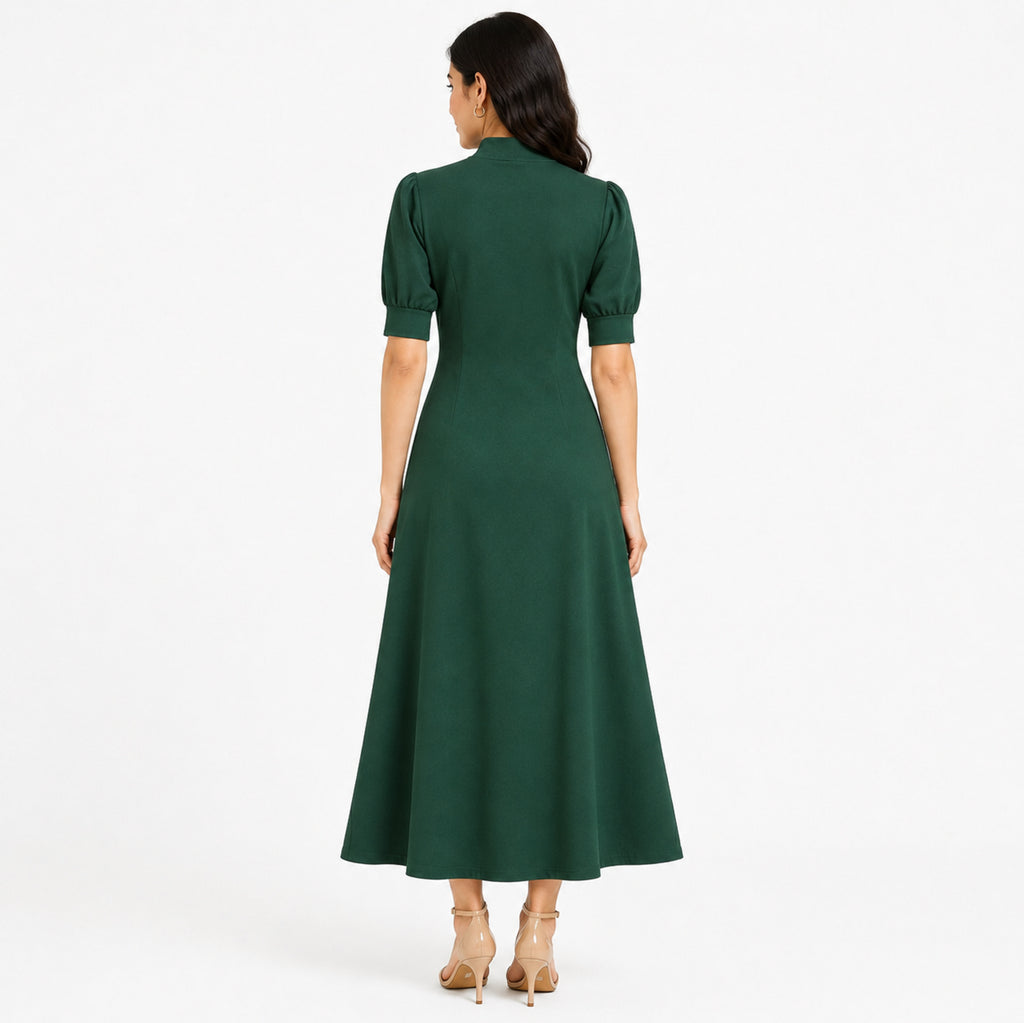 Women's Green Solid Mock Neck Fit & Flare Midi Dress with Puff Sleeves-4