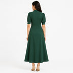 Women's Green Solid Mock Neck Fit & Flare Midi Dress with Puff Sleeves-4