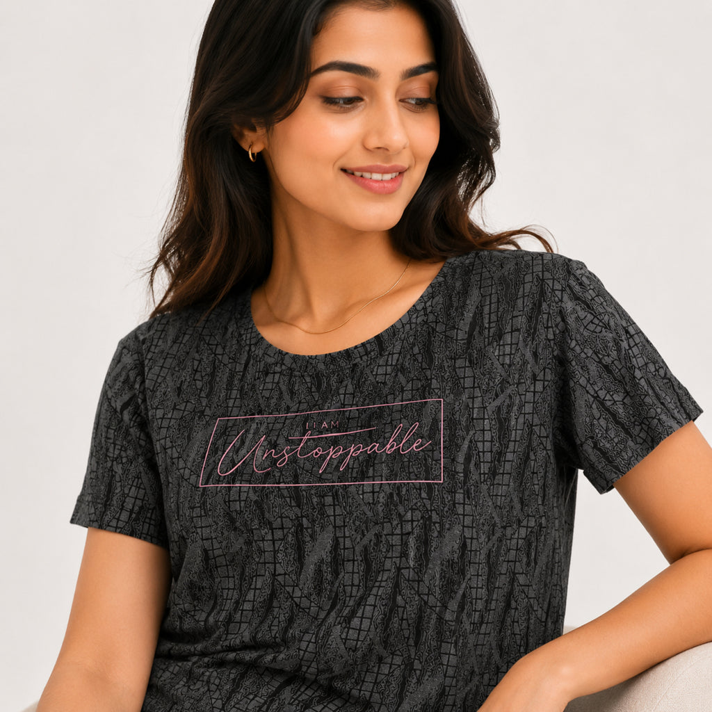 Women's Abstract Textured Graphic Printed Dark Grey T-Shirt-3