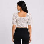 Women's Cream Floral Print Puff Sleeve Crop Top-4