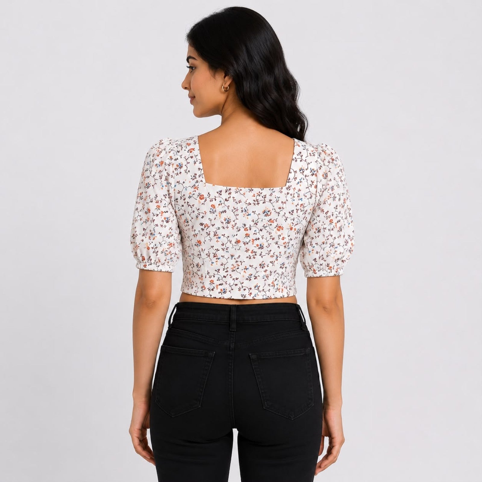 Women's Cream Floral Print Puff Sleeve Crop Top-4
