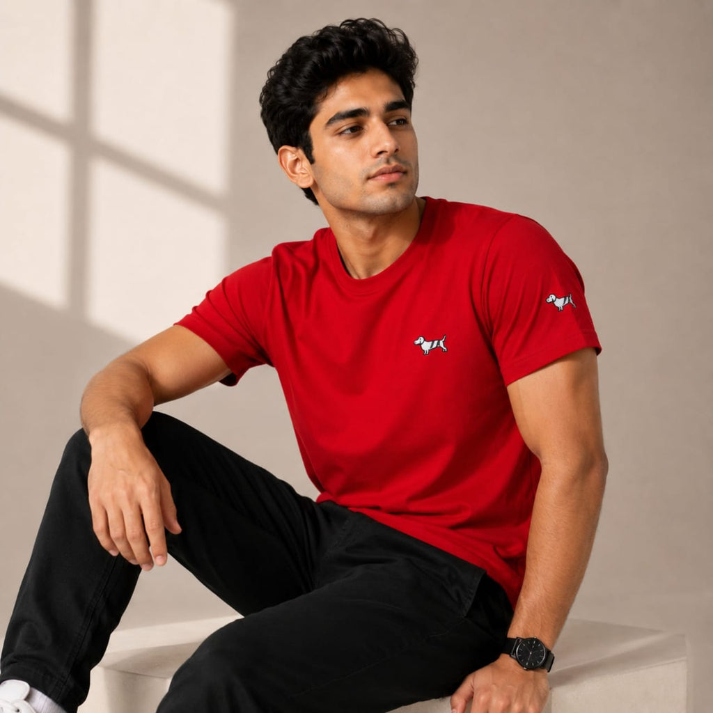 Men's Scarlet Red Minimal Embroidered Casual T-Shirt-3