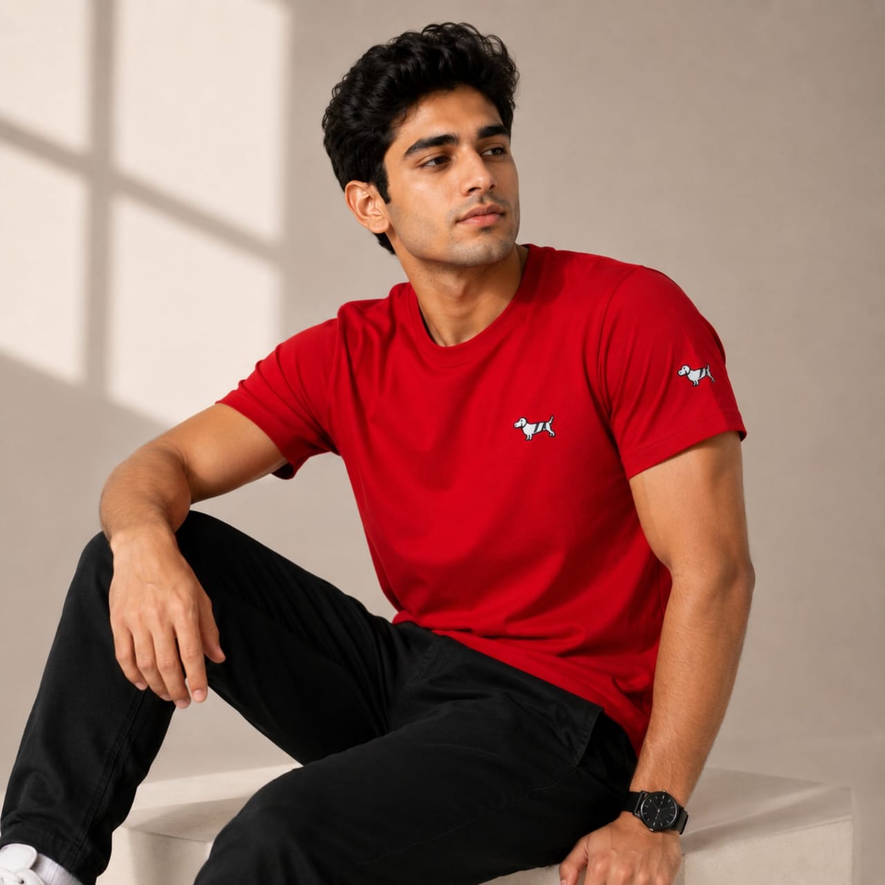 Men's Scarlet Red Minimal Embroidered Casual T-Shirt-3