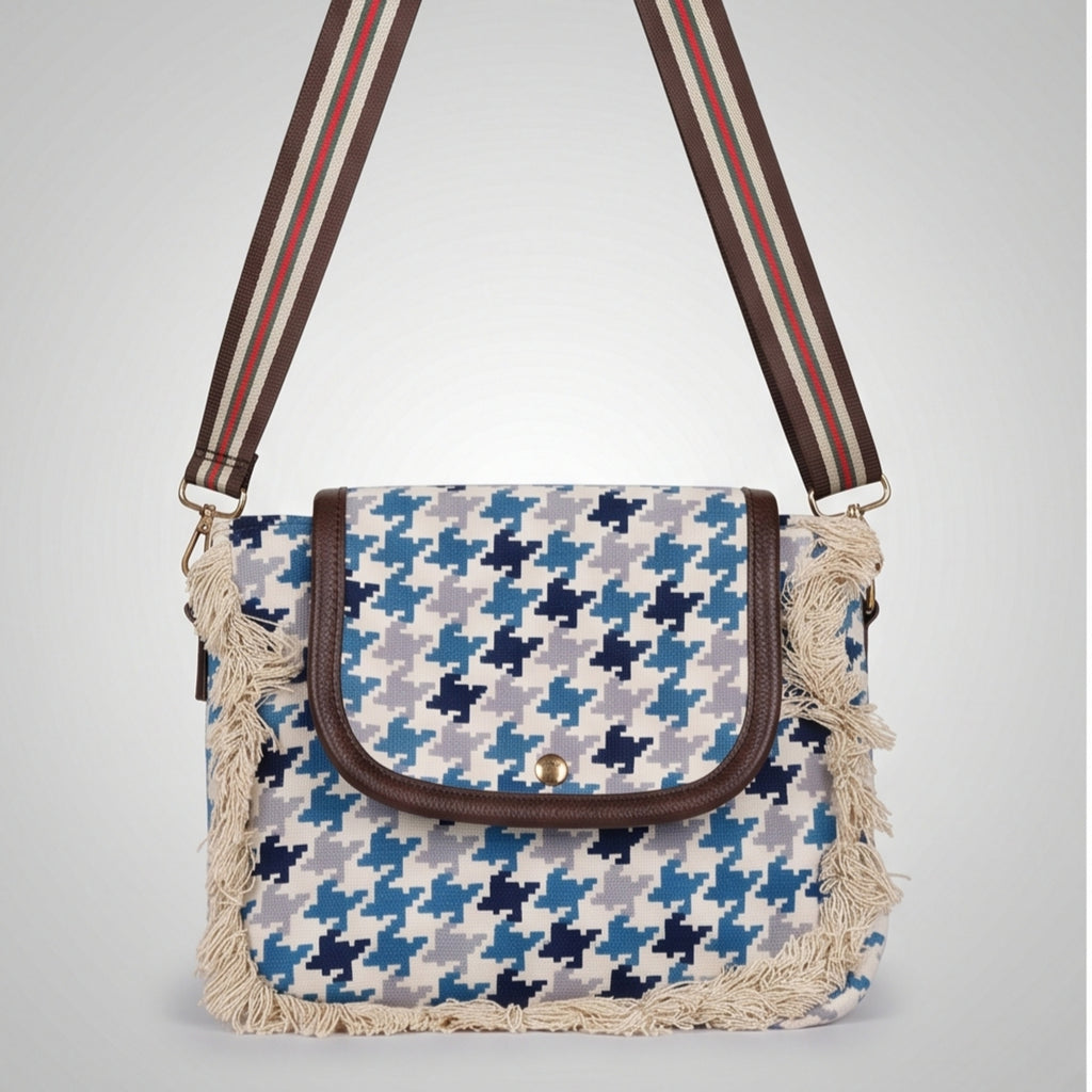 Women's Blue Houndstooth Print Fringe Crossbody Sling Bag with Adjustable Strap-1