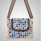 Women's Blue Houndstooth Print Fringe Crossbody Sling Bag with Adjustable Strap-1