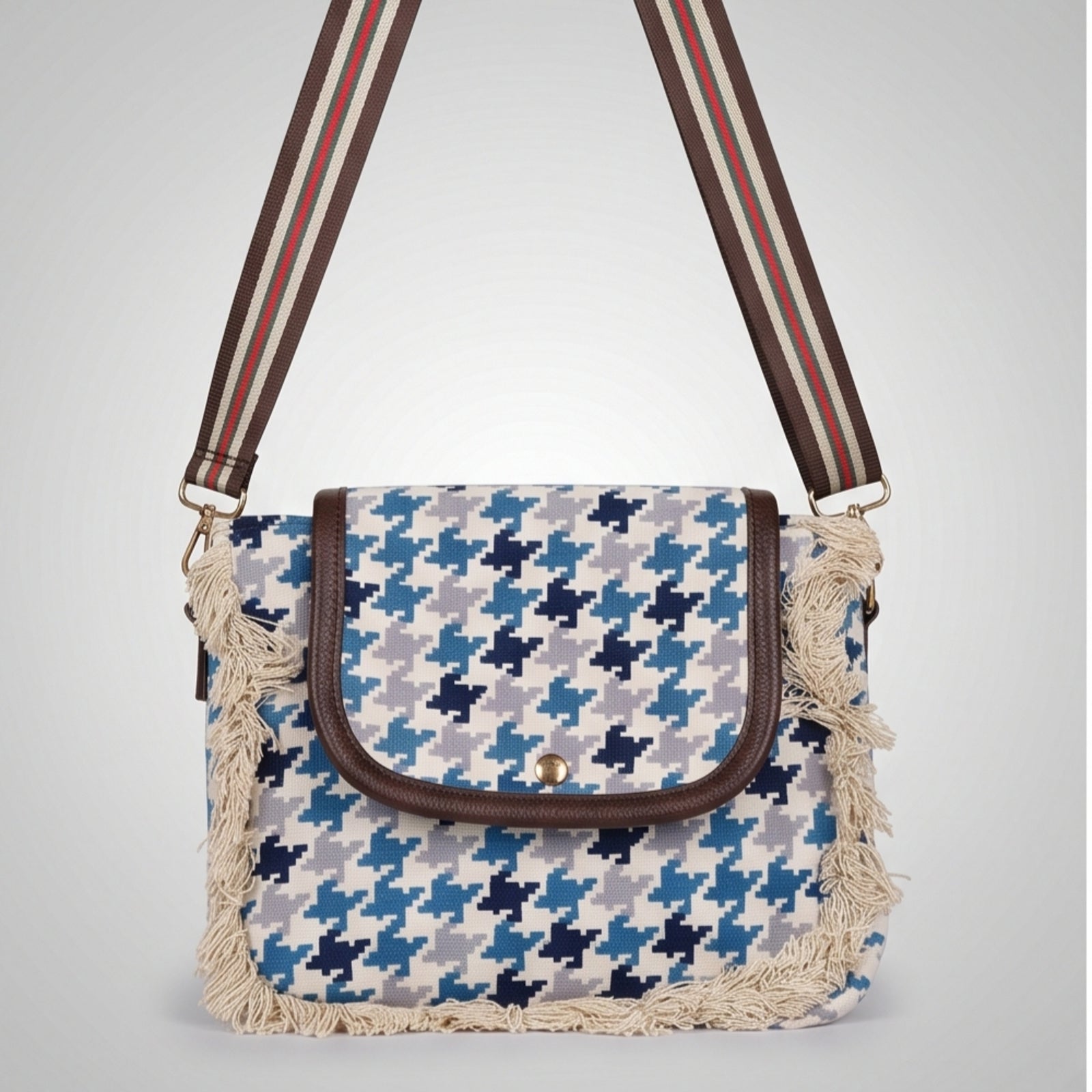 Women's Blue Houndstooth Print Fringe Crossbody Sling Bag with Adjustable Strap-1