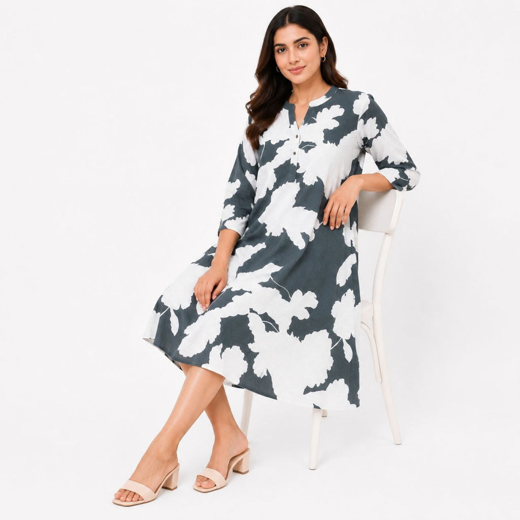 Women's Grey Floral Print A-Line Dress | V-Neck 3/4 Sleeve Knee Length Casual Dress-2