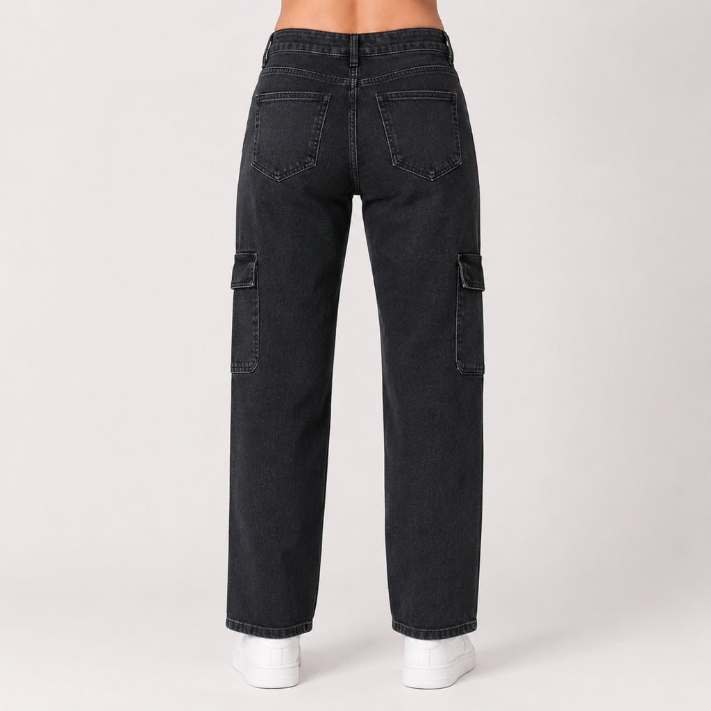 Women's Dark Grey Cargo Wide Leg Denim Jeans-3