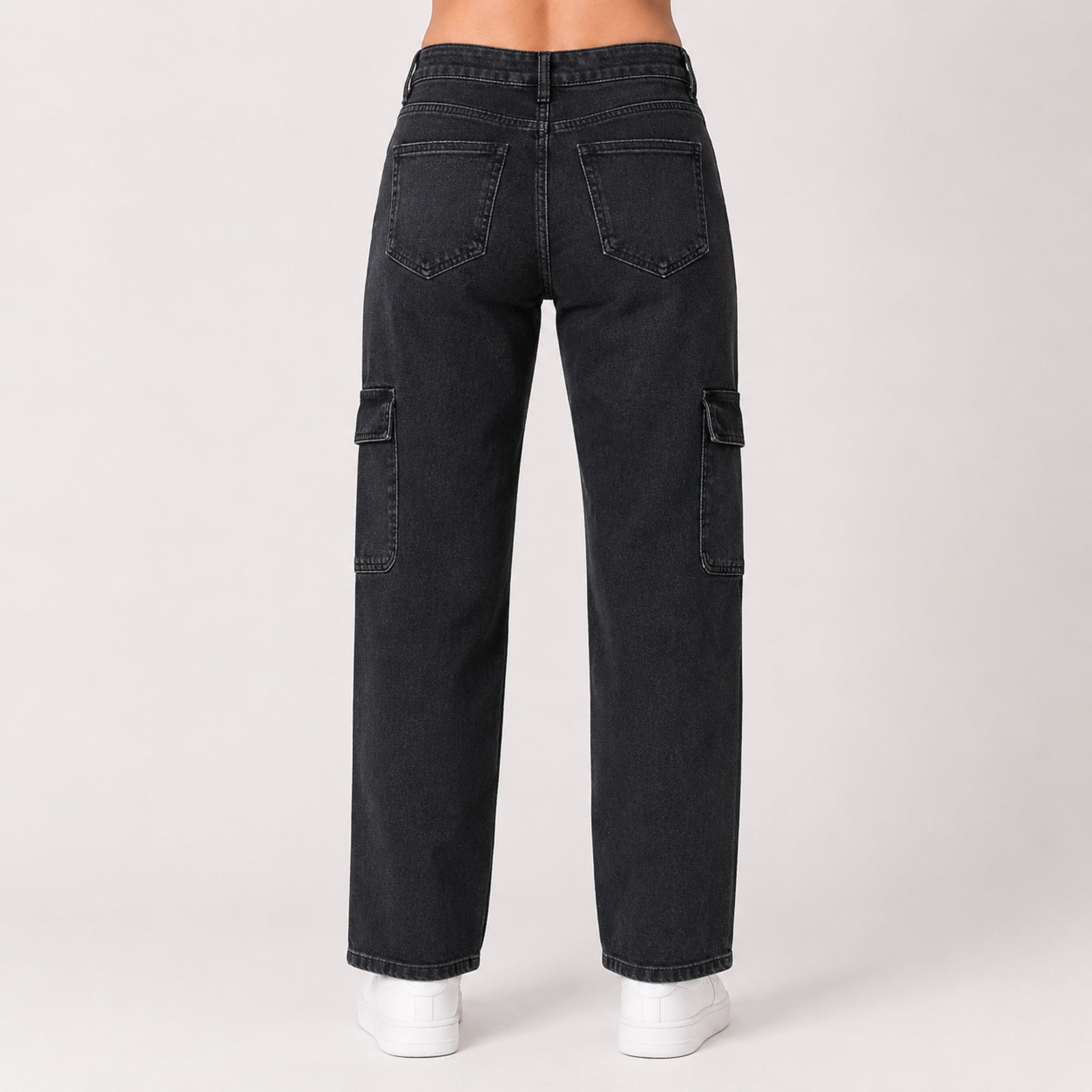 Women's Dark Grey Cargo Wide Leg Denim Jeans-3