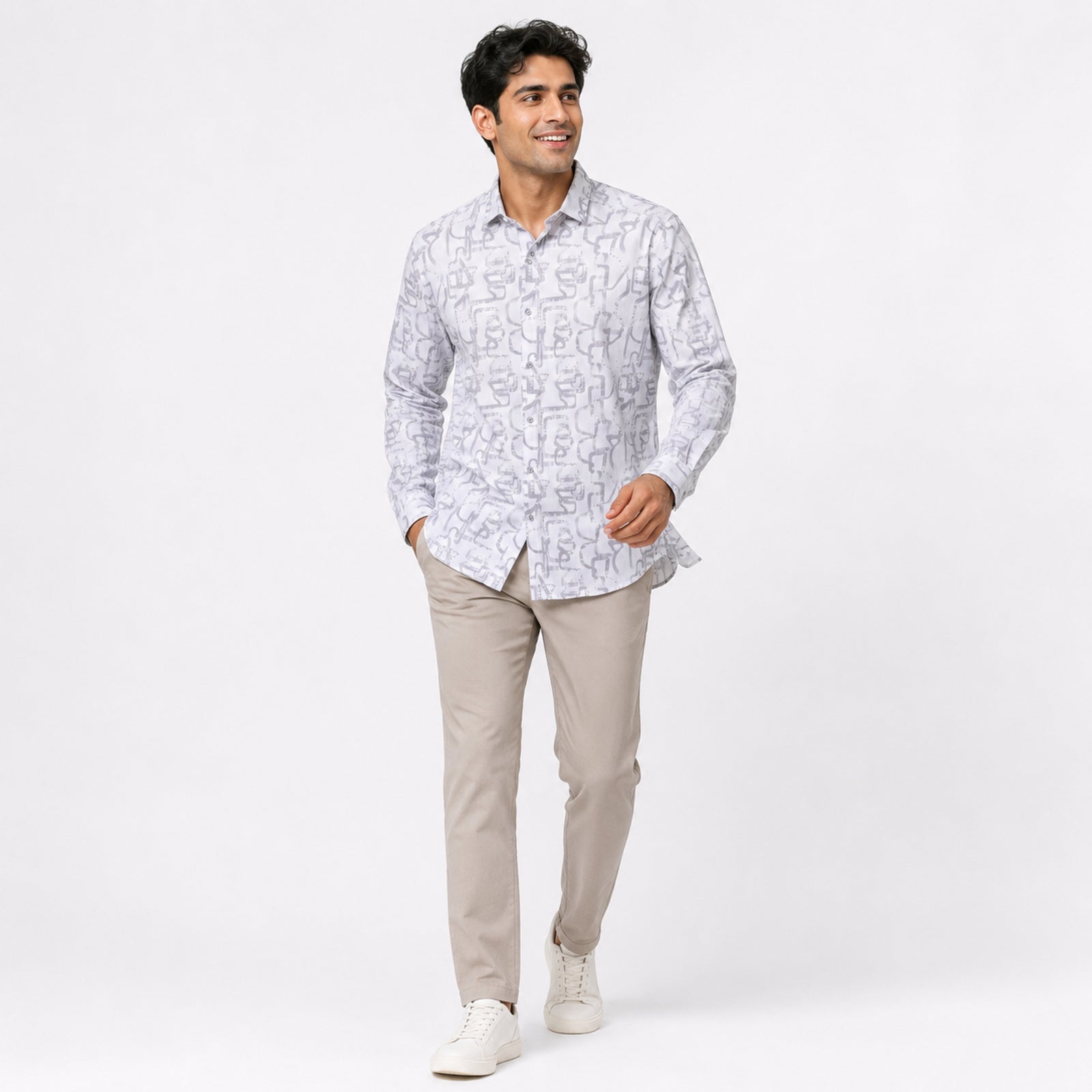 Men's White Abstract Line Print Casual Shirt-2