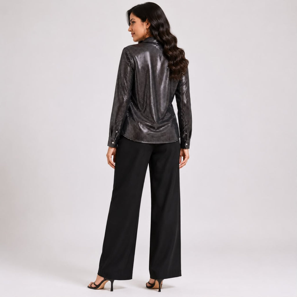 Women's Glamorous Metallic Silver Sequin Button-Down Shirt-4