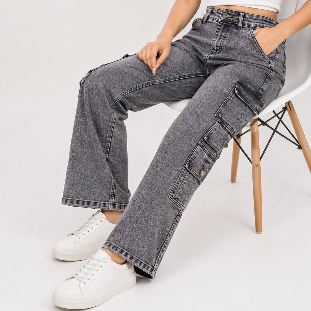 Women's Light Grey Cargo Fit Denim Jeans-3