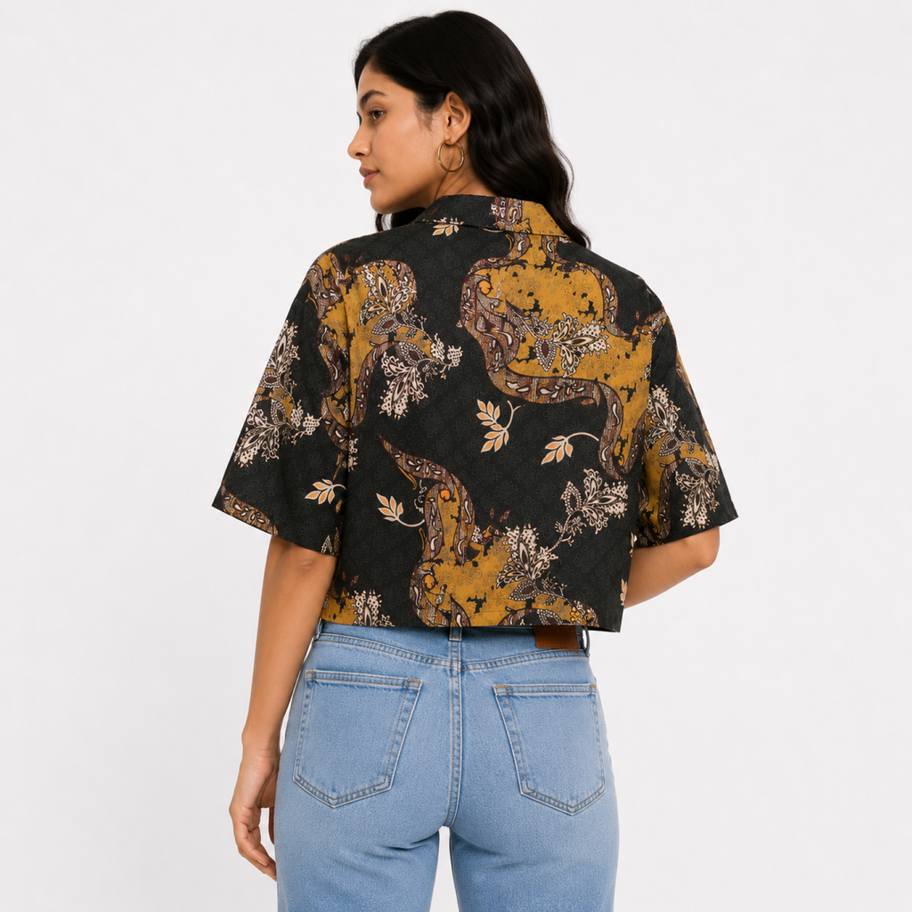Women's Olive Green Paisley Print Collared Half Sleeve Crop Shirt-1