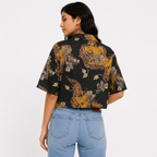 Women's Olive Green Paisley Print Collared Half Sleeve Crop Shirt-1