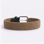 Unisex Luxury Braided Elastic Mustard Belt with Polished Silver Buckle and Black Leather Accents-2