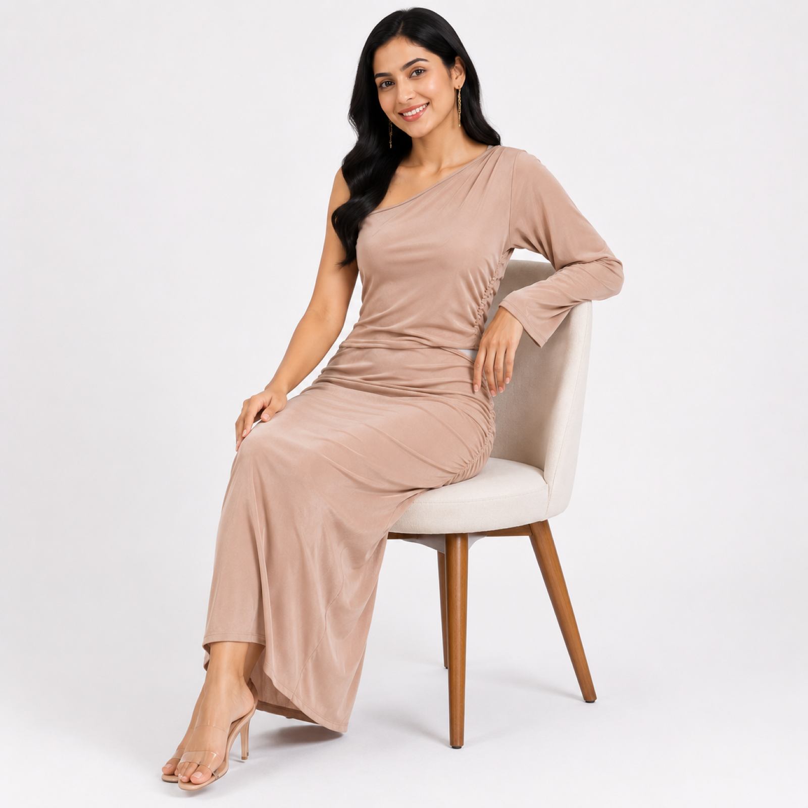 Women's Peach One Shoulder Ruched Bodycon Maxi Dress-3